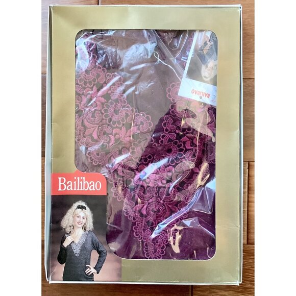 Maroon Lace Trim V-Neck Blouse Top NIP Small, Stretch Knit, Long Sleeves - Picture 7 of 7